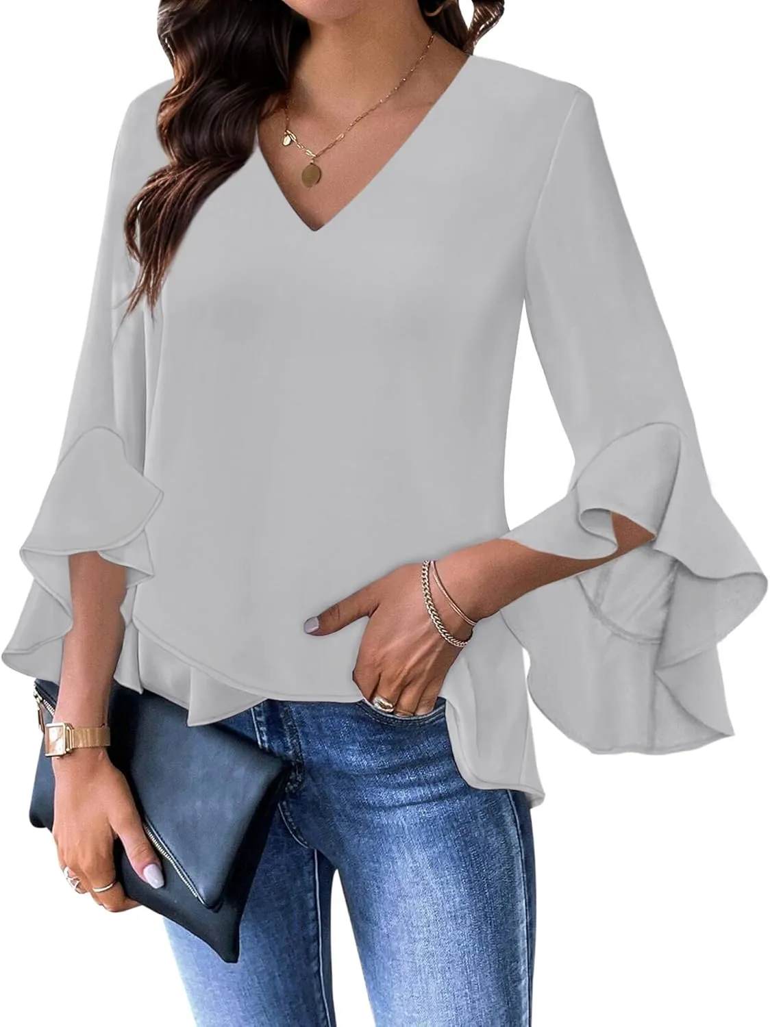 Relipop Womens Blouse Ruffle 3/4 Sleeve Tops V Neck Business Casual Blouses Shirts Spring Summer Outfits 2025