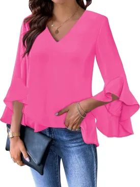Relipop Womens Blouse Ruffle 3/4 Sleeve Tops V Neck Business Casual Blouses Shirts Spring Summer Outfits 2025