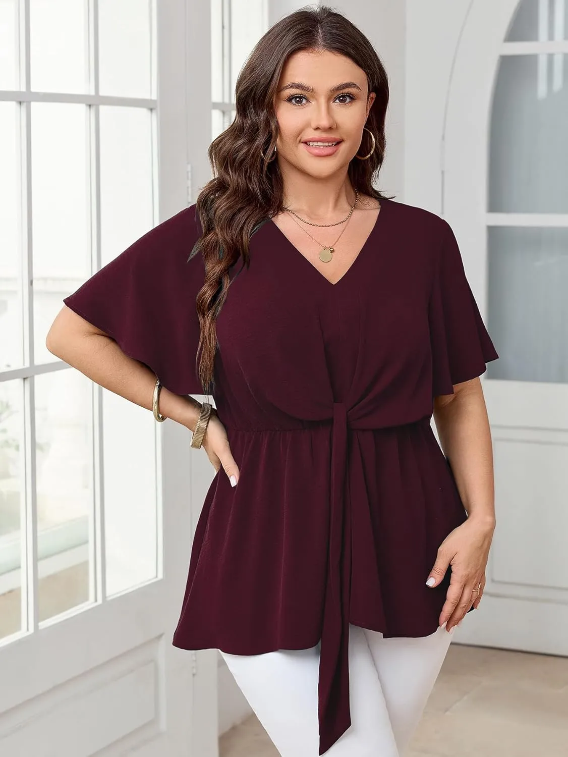 SCOMCHIC 2024 Women's Plus Size Peplum Tops Elegant V Neck Tie Front Bell Sleeve Flowy Blouses Shirts