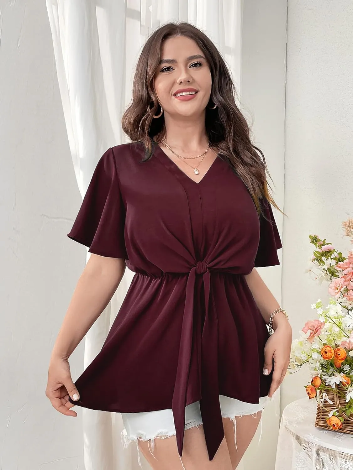 SCOMCHIC 2024 Women's Plus Size Peplum Tops Elegant V Neck Tie Front Bell Sleeve Flowy Blouses Shirts