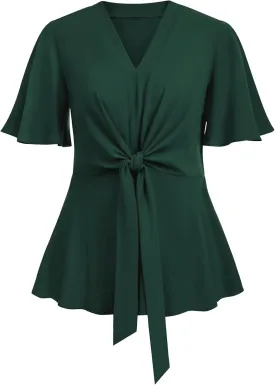 SCOMCHIC 2024 Women's Plus Size Peplum Tops Elegant V Neck Tie Front Bell Sleeve Flowy Blouses Shirts