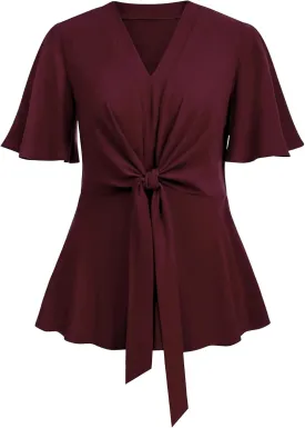 SCOMCHIC 2024 Women's Plus Size Peplum Tops Elegant V Neck Tie Front Bell Sleeve Flowy Blouses Shirts