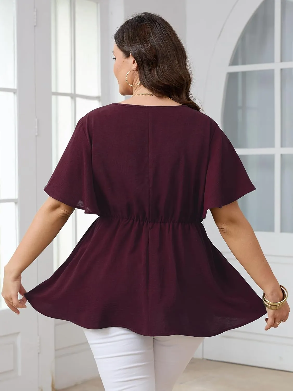 SCOMCHIC 2024 Women's Plus Size Peplum Tops Elegant V Neck Tie Front Bell Sleeve Flowy Blouses Shirts