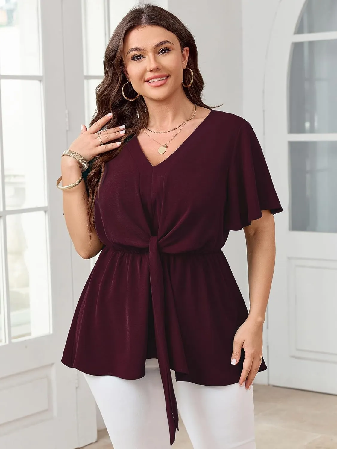 SCOMCHIC 2024 Women's Plus Size Peplum Tops Elegant V Neck Tie Front Bell Sleeve Flowy Blouses Shirts