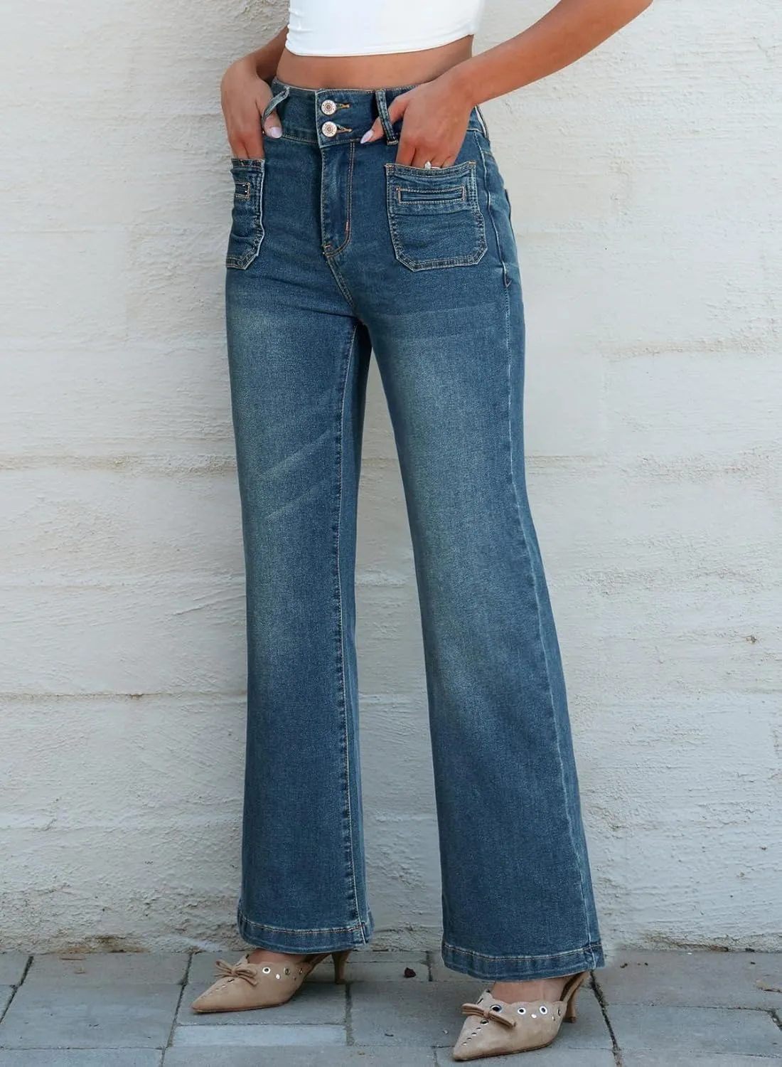 Sidefeel Women's Wide Leg Jeans High Waisted Tummy Control Stretchy Pockets Front Straight Leg Jeans