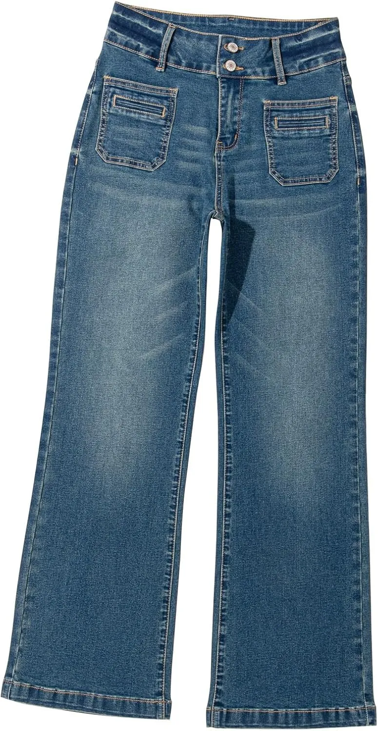 Sidefeel Women's Wide Leg Jeans High Waisted Tummy Control Stretchy Pockets Front Straight Leg Jeans