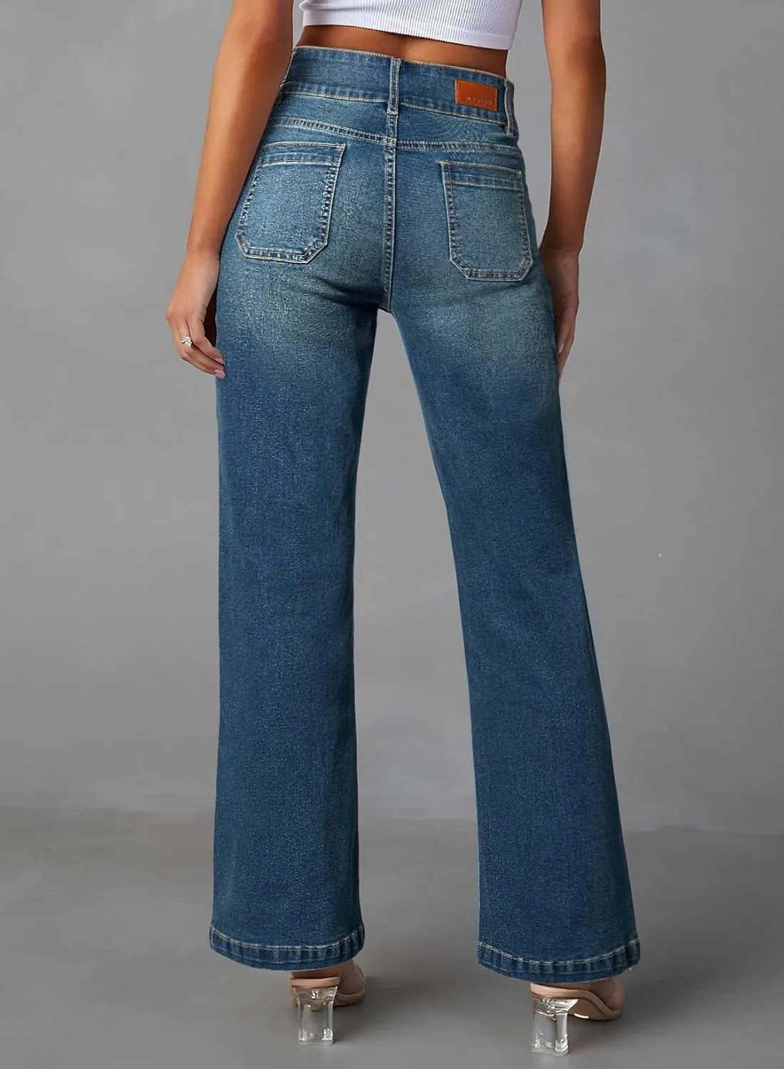Sidefeel Women's Wide Leg Jeans High Waisted Tummy Control Stretchy Pockets Front Straight Leg Jeans