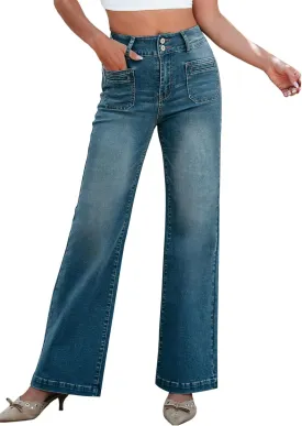 Sidefeel Women's Wide Leg Jeans High Waisted Tummy Control Stretchy Pockets Front Straight Leg Jeans