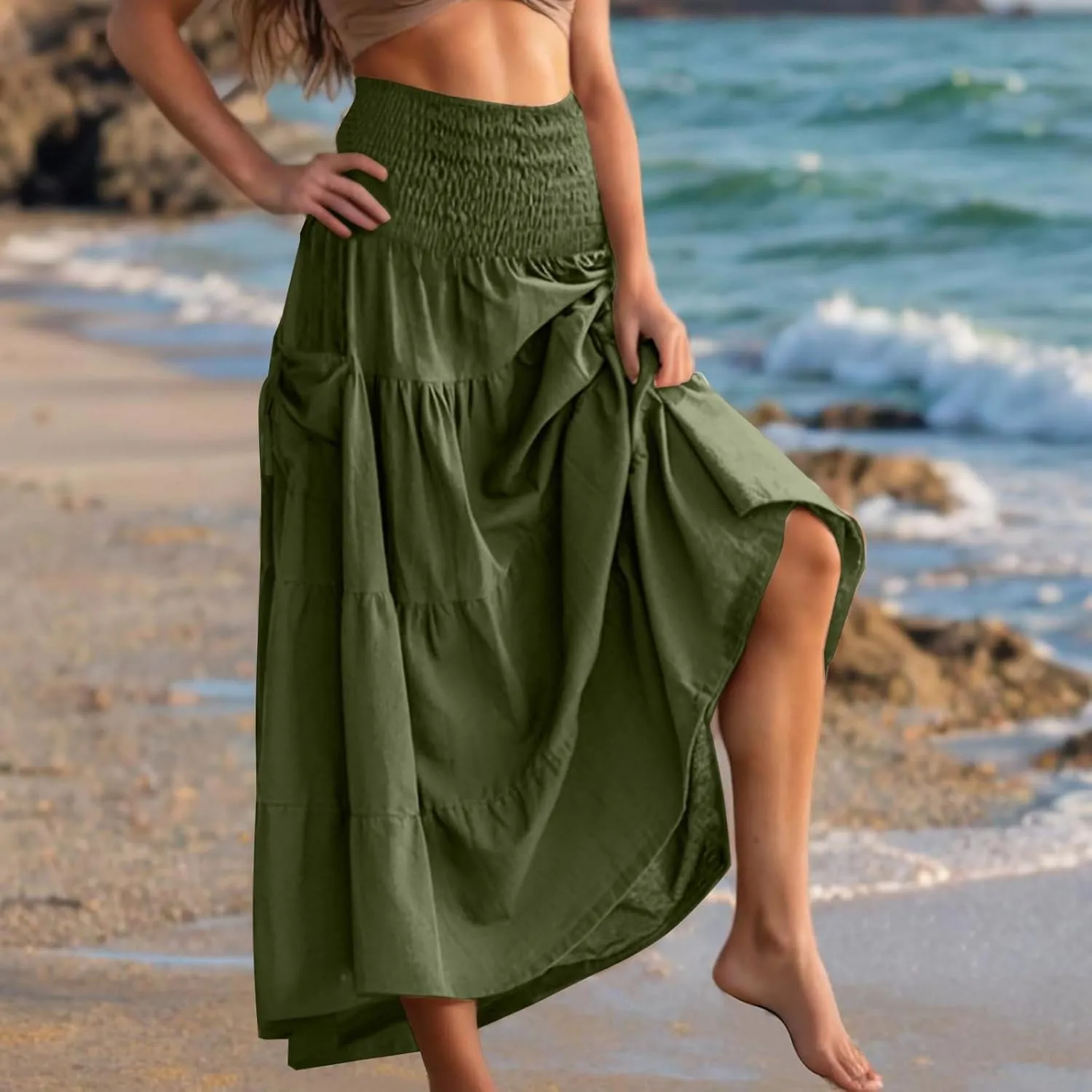 Summer Skirts for Women Cotton Beach Vacation Tiered Maxi Skirt Elastic High Waist Flowy Pleated Ruffle A Line Skirt
