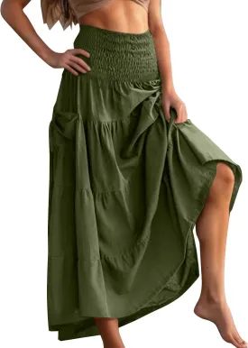 Summer Skirts for Women Cotton Beach Vacation Tiered Maxi Skirt Elastic High Waist Flowy Pleated Ruffle A Line Skirt