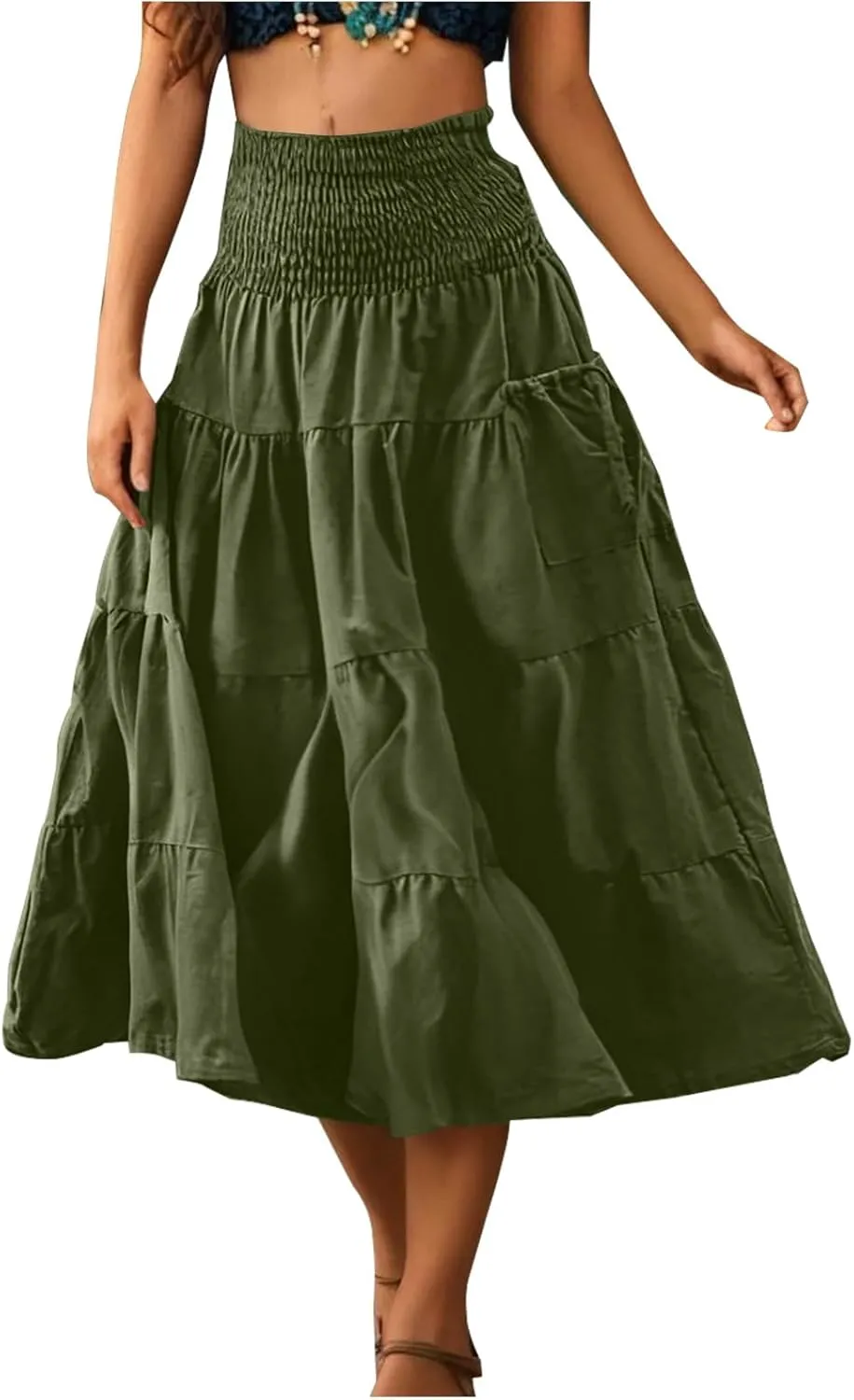 Summer Skirts for Women Cotton Beach Vacation Tiered Maxi Skirt Elastic High Waist Flowy Pleated Ruffle A Line Skirt