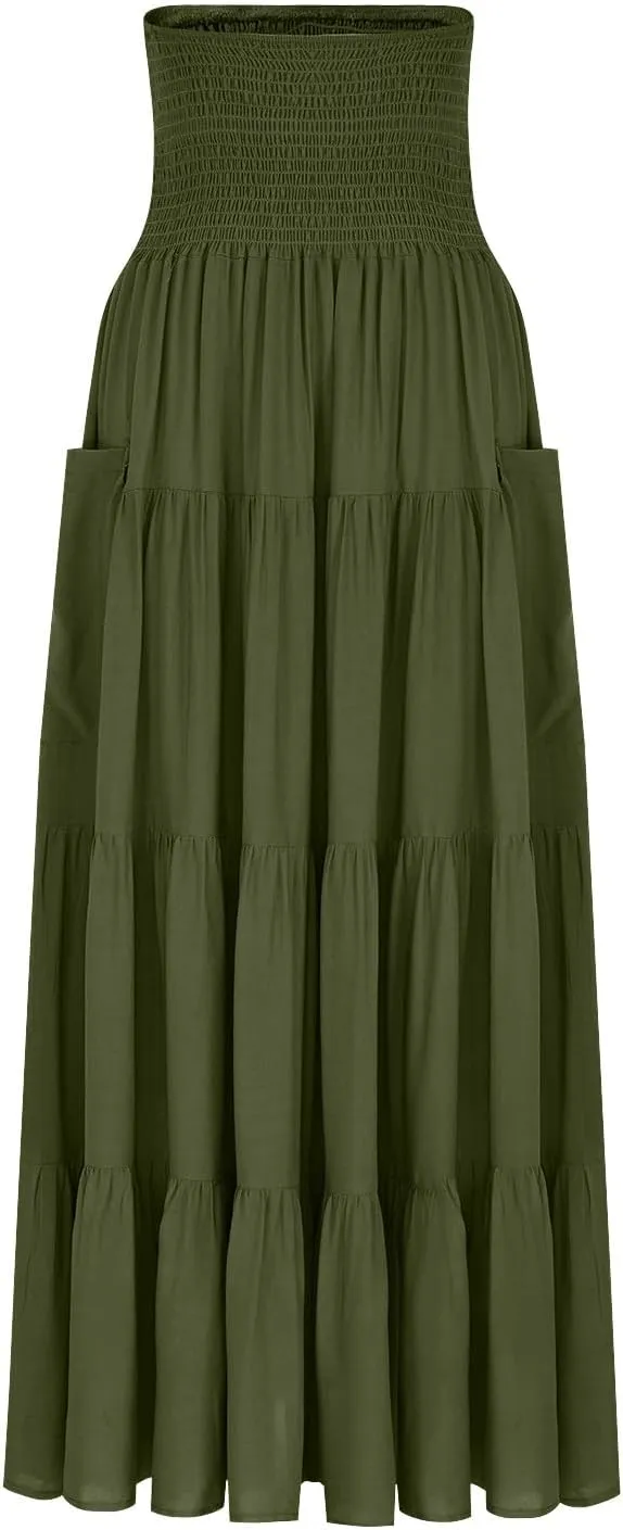 Summer Skirts for Women Cotton Beach Vacation Tiered Maxi Skirt Elastic High Waist Flowy Pleated Ruffle A Line Skirt