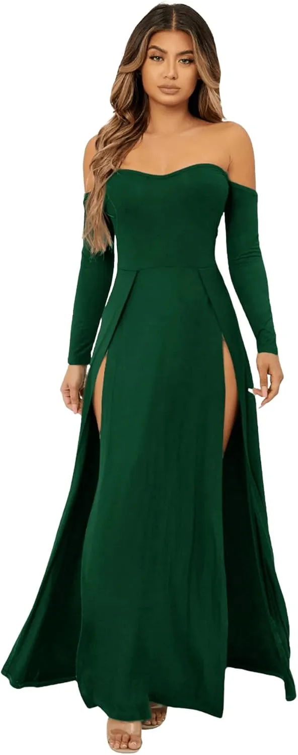 SweatyRocks Women's Elegant Off Shoulder Double High Slit Long Sleeve Dress A Line Maxi Dresses