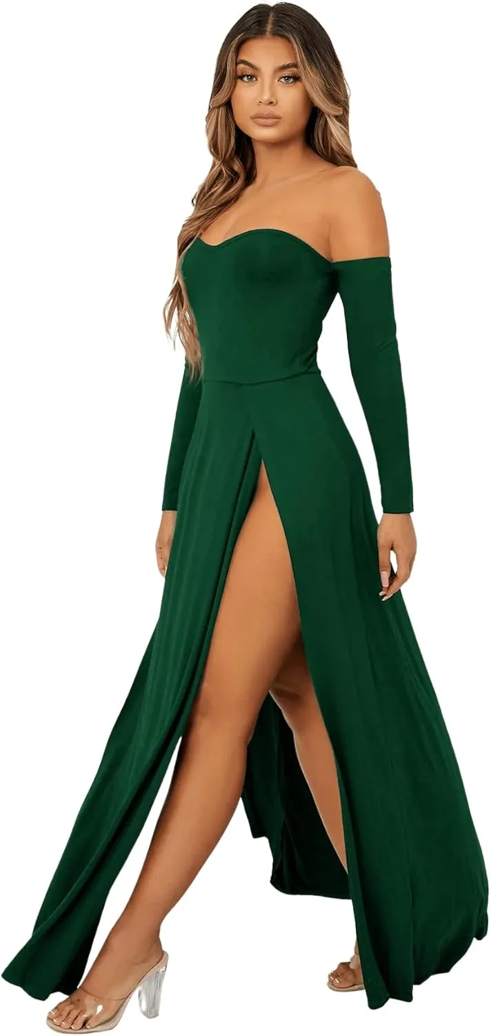 SweatyRocks Women's Elegant Off Shoulder Double High Slit Long Sleeve Dress A Line Maxi Dresses