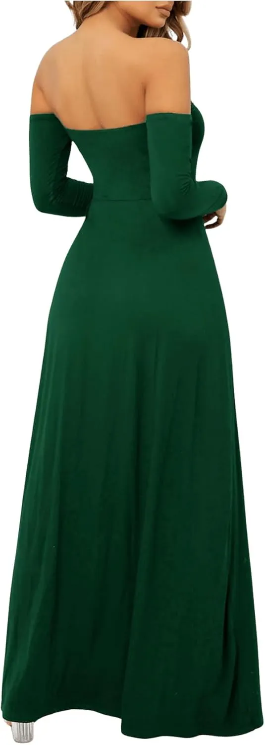 SweatyRocks Women's Elegant Off Shoulder Double High Slit Long Sleeve Dress A Line Maxi Dresses