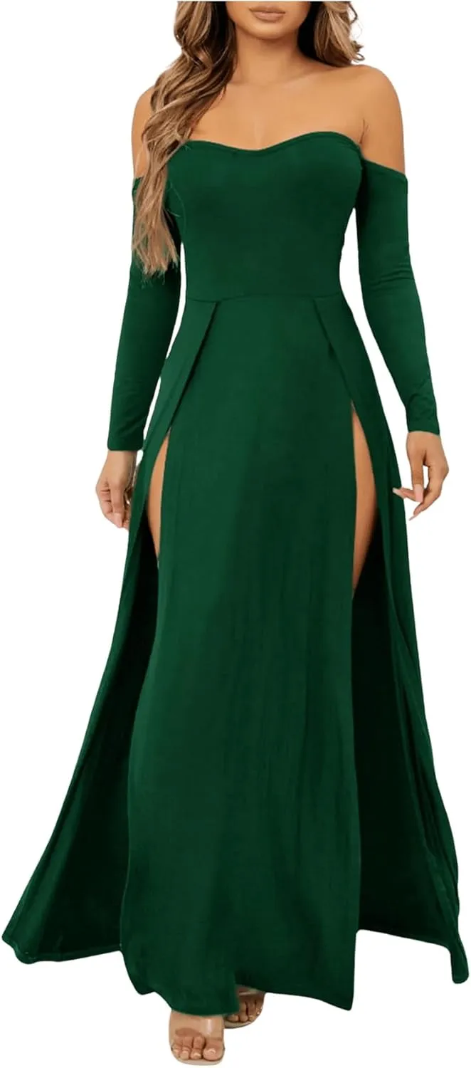 SweatyRocks Women's Elegant Off Shoulder Double High Slit Long Sleeve Dress A Line Maxi Dresses