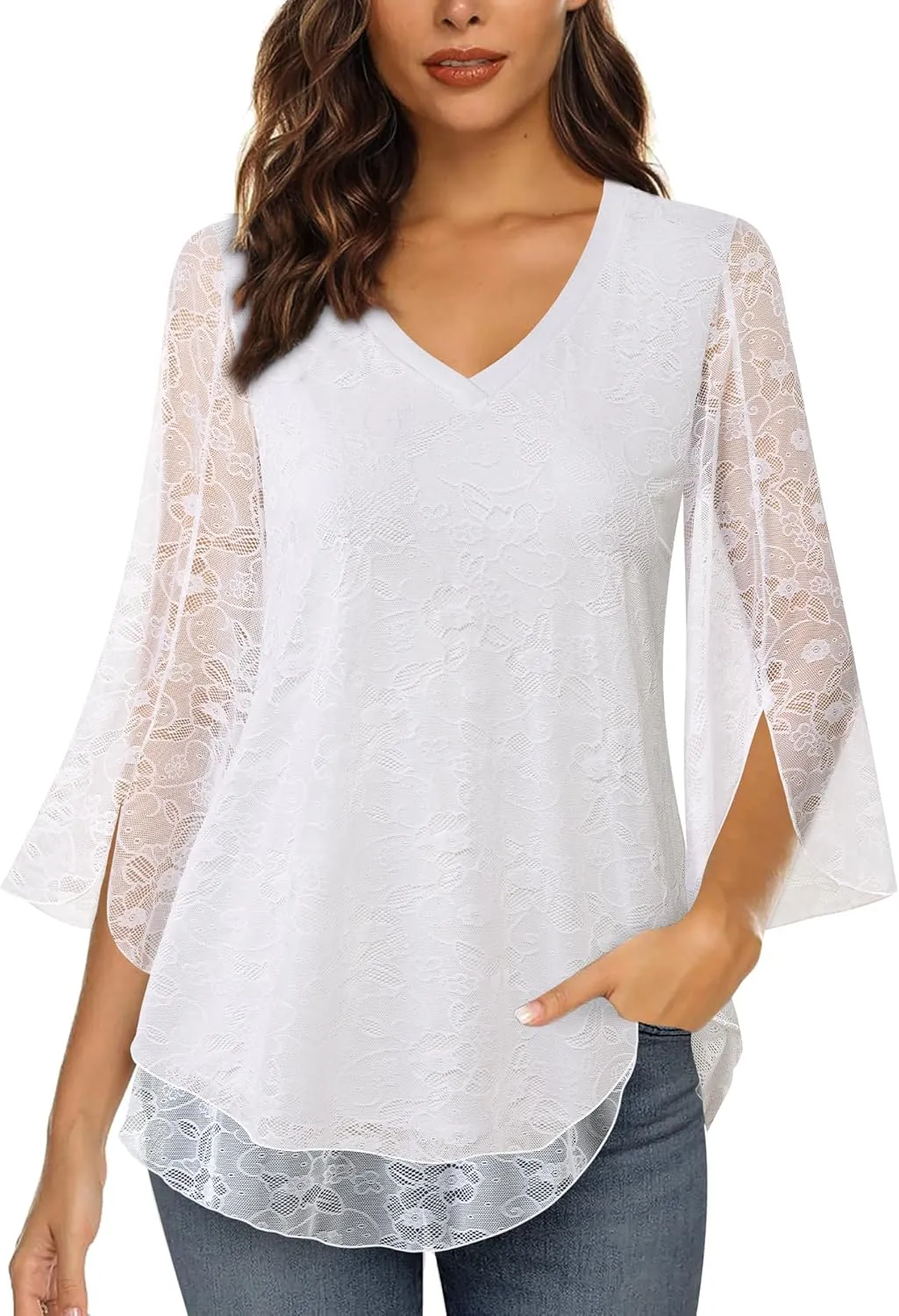 Timeson Women's 3/4 Sleeve Floral Blouses Shirts Double Layers V Neck Dressy Tunics Tops
