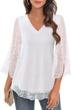 Timeson Women's 3/4 Sleeve Floral Blouses Shirts Double Layers V Neck Dressy Tunics Tops
