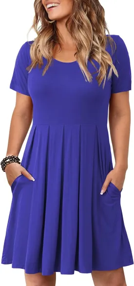 Tralilbee Women's Plus Size Short Sleeve Dress Casual Pleated Swing Dresses with Pockets