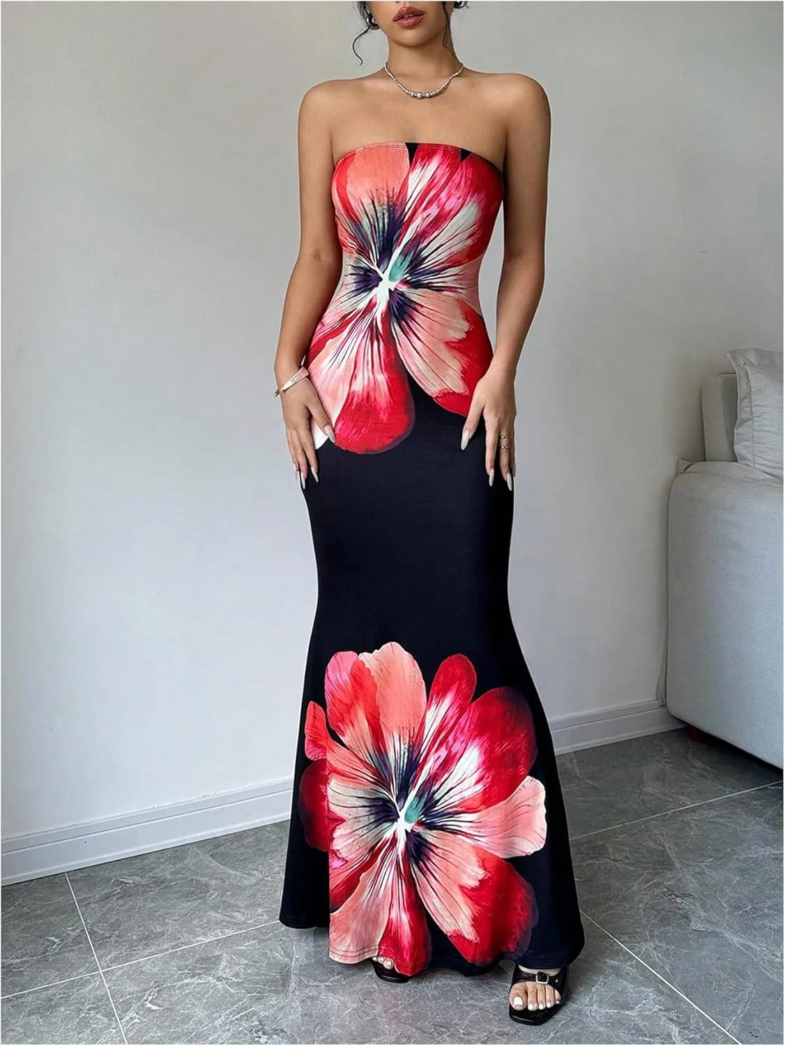 Verdusa Women's Floral Print Colorblock Strapless Tube Dress Backless Bodycon Maxi Dress