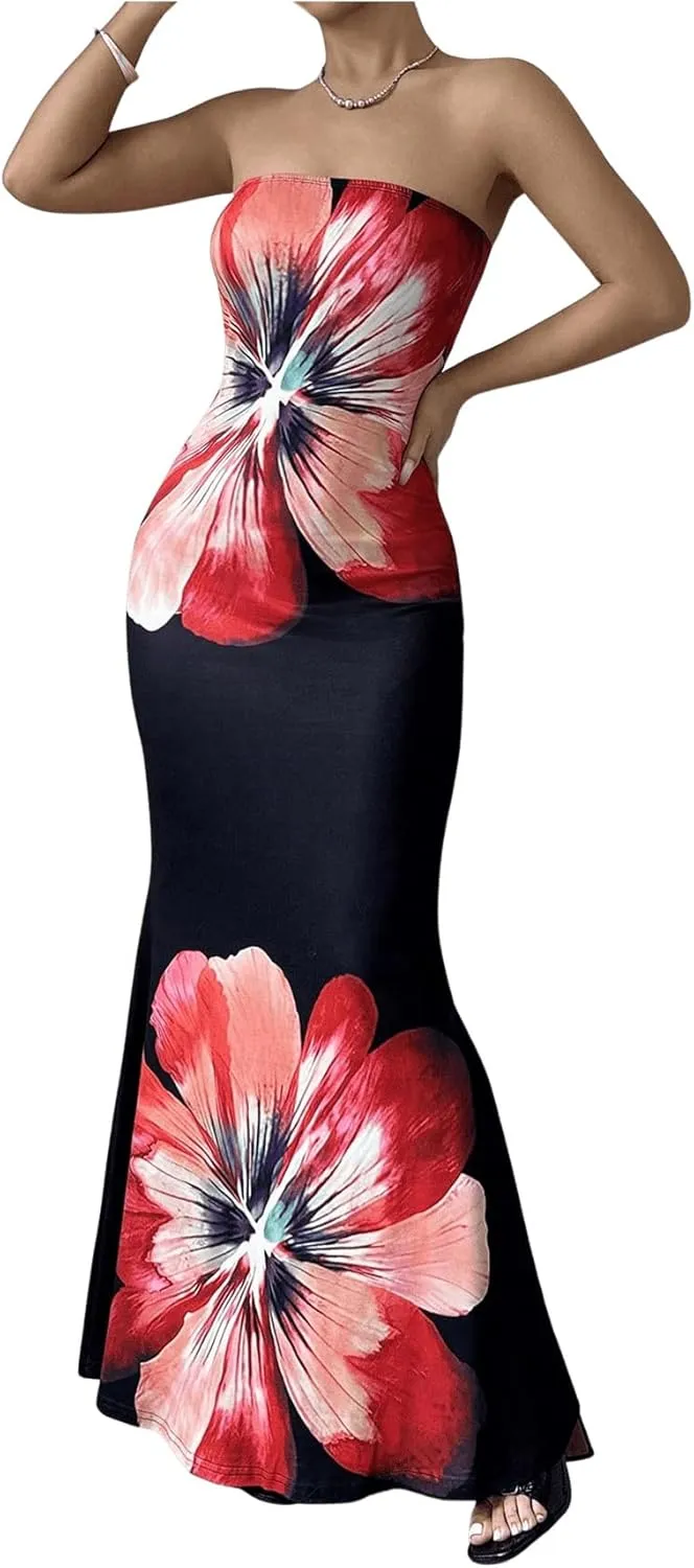 Verdusa Women's Floral Print Colorblock Strapless Tube Dress Backless Bodycon Maxi Dress