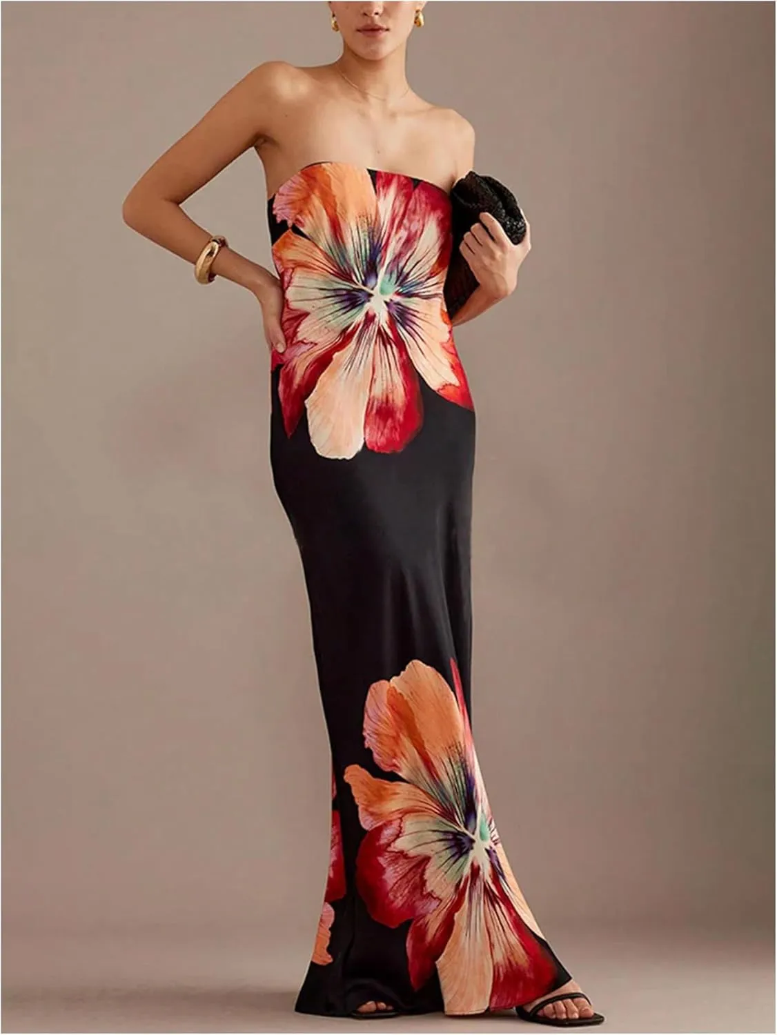 Verdusa Women's Floral Print Colorblock Strapless Tube Dress Backless Bodycon Maxi Dress