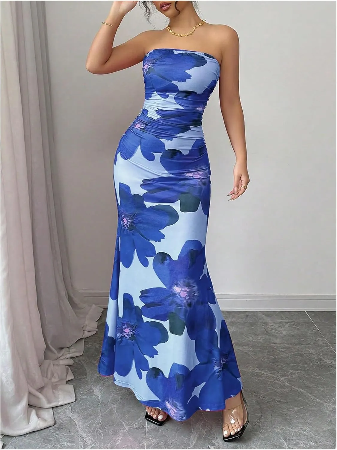 Verdusa Women's Floral Print Colorblock Strapless Tube Dress Backless Bodycon Maxi Dress