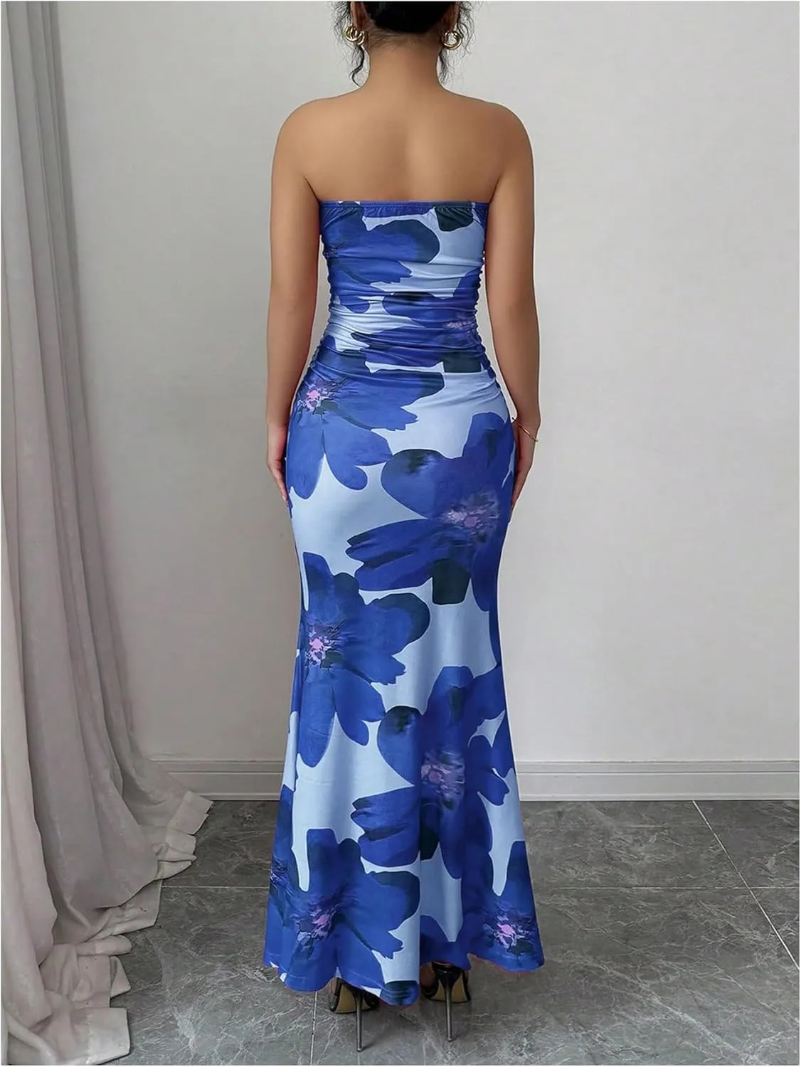 Verdusa Women's Floral Print Colorblock Strapless Tube Dress Backless Bodycon Maxi Dress