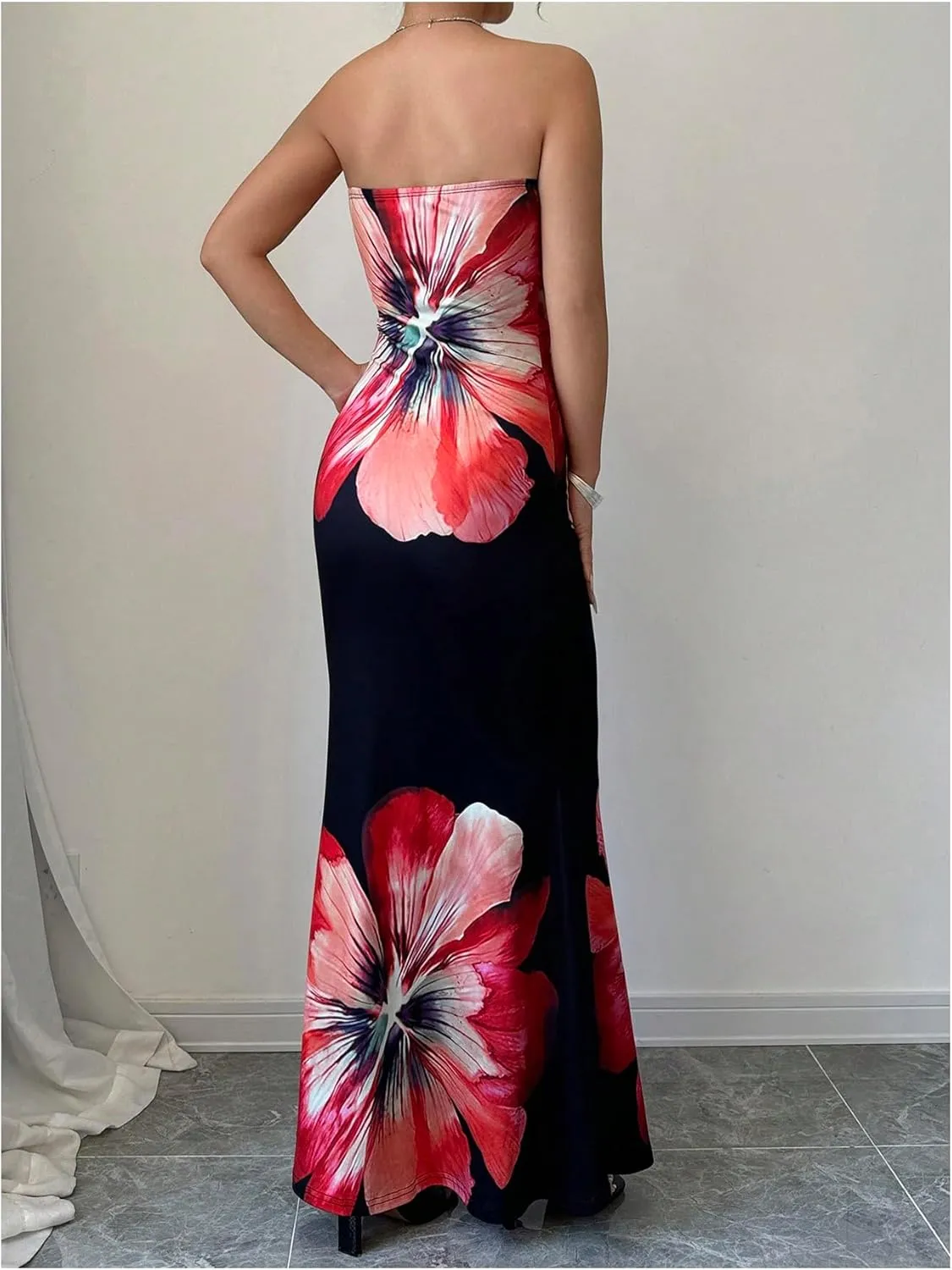 Verdusa Women's Floral Print Colorblock Strapless Tube Dress Backless Bodycon Maxi Dress