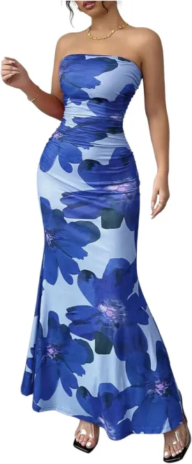 Verdusa Women's Floral Print Colorblock Strapless Tube Dress Backless Bodycon Maxi Dress
