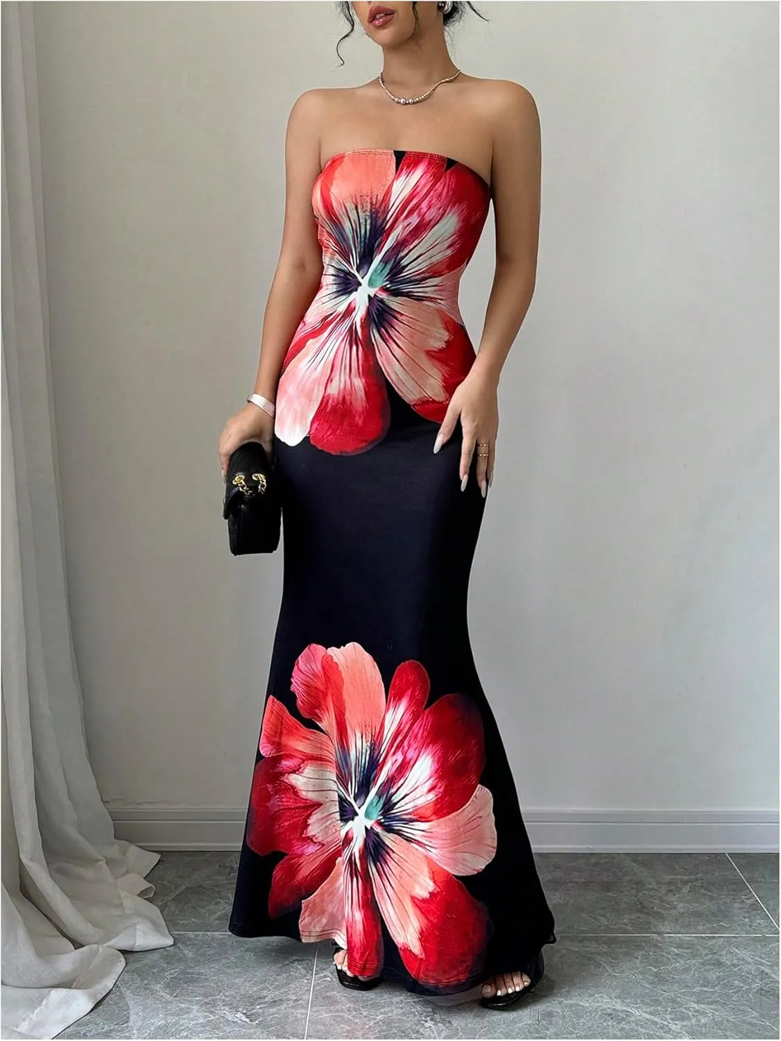 Verdusa Women's Floral Print Colorblock Strapless Tube Dress Backless Bodycon Maxi Dress
