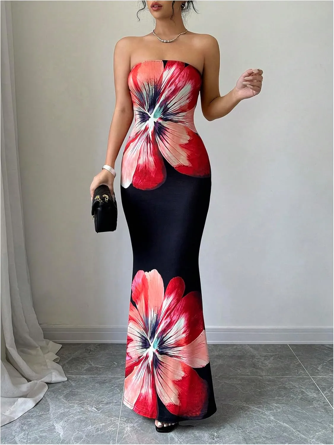 Verdusa Women's Floral Print Colorblock Strapless Tube Dress Backless Bodycon Maxi Dress