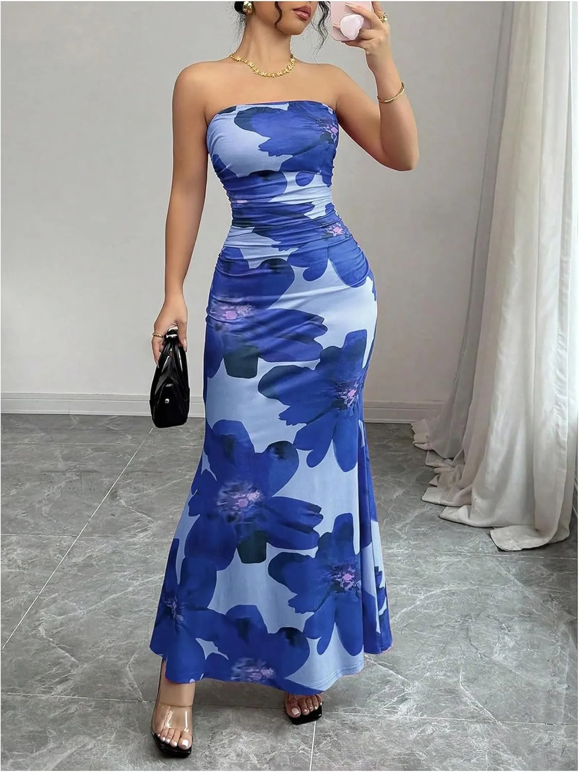 Verdusa Women's Floral Print Colorblock Strapless Tube Dress Backless Bodycon Maxi Dress