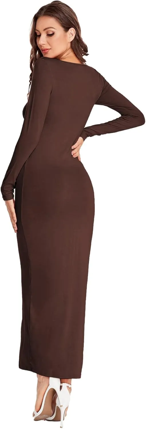 Verdusa Women's Long Sleeve Square Neck Bodycon Maxi Long Dress