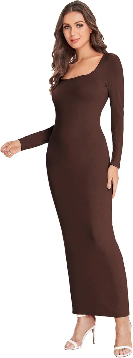 Verdusa Women's Long Sleeve Square Neck Bodycon Maxi Long Dress