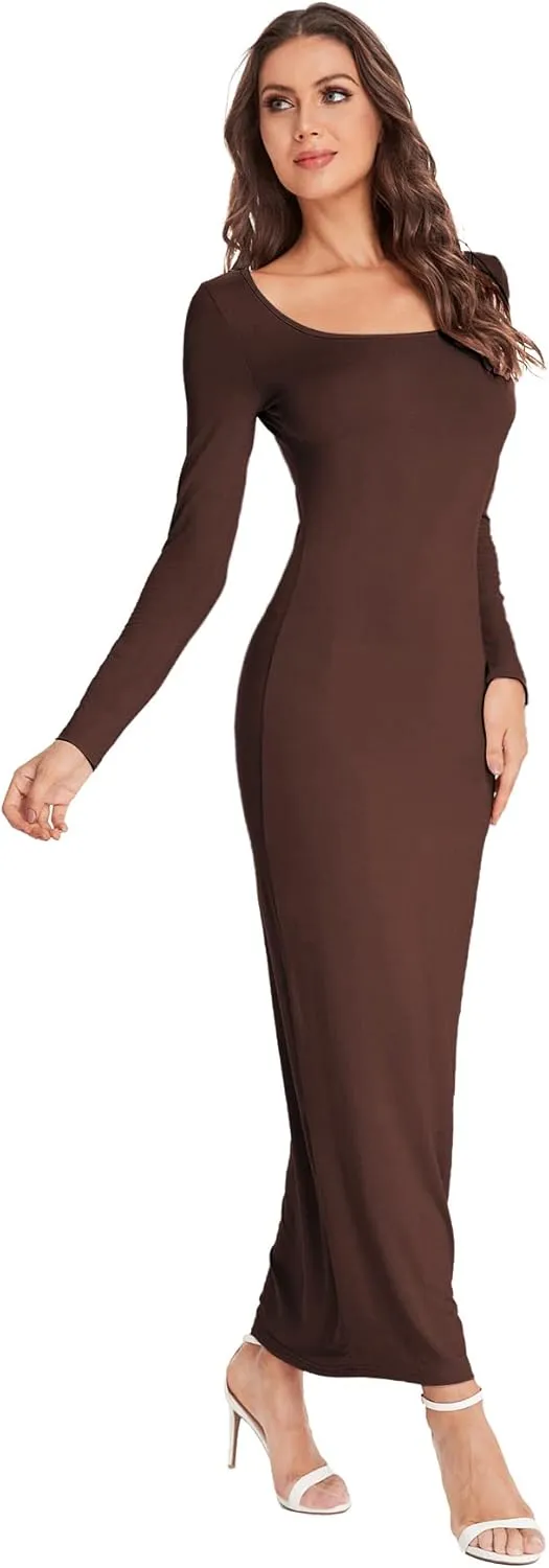 Verdusa Women's Long Sleeve Square Neck Bodycon Maxi Long Dress