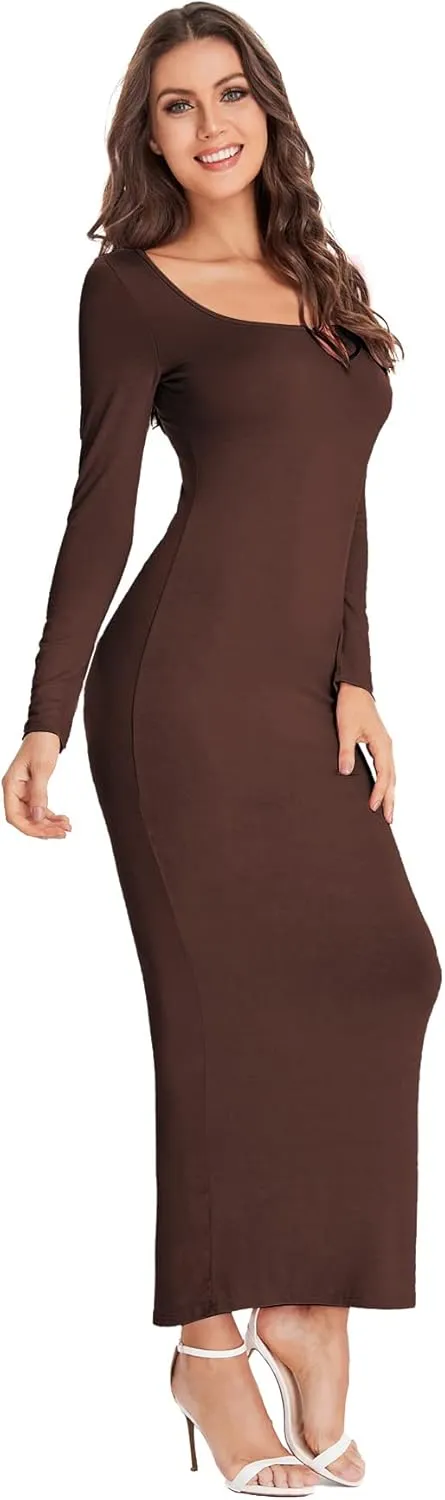 Verdusa Women's Long Sleeve Square Neck Bodycon Maxi Long Dress