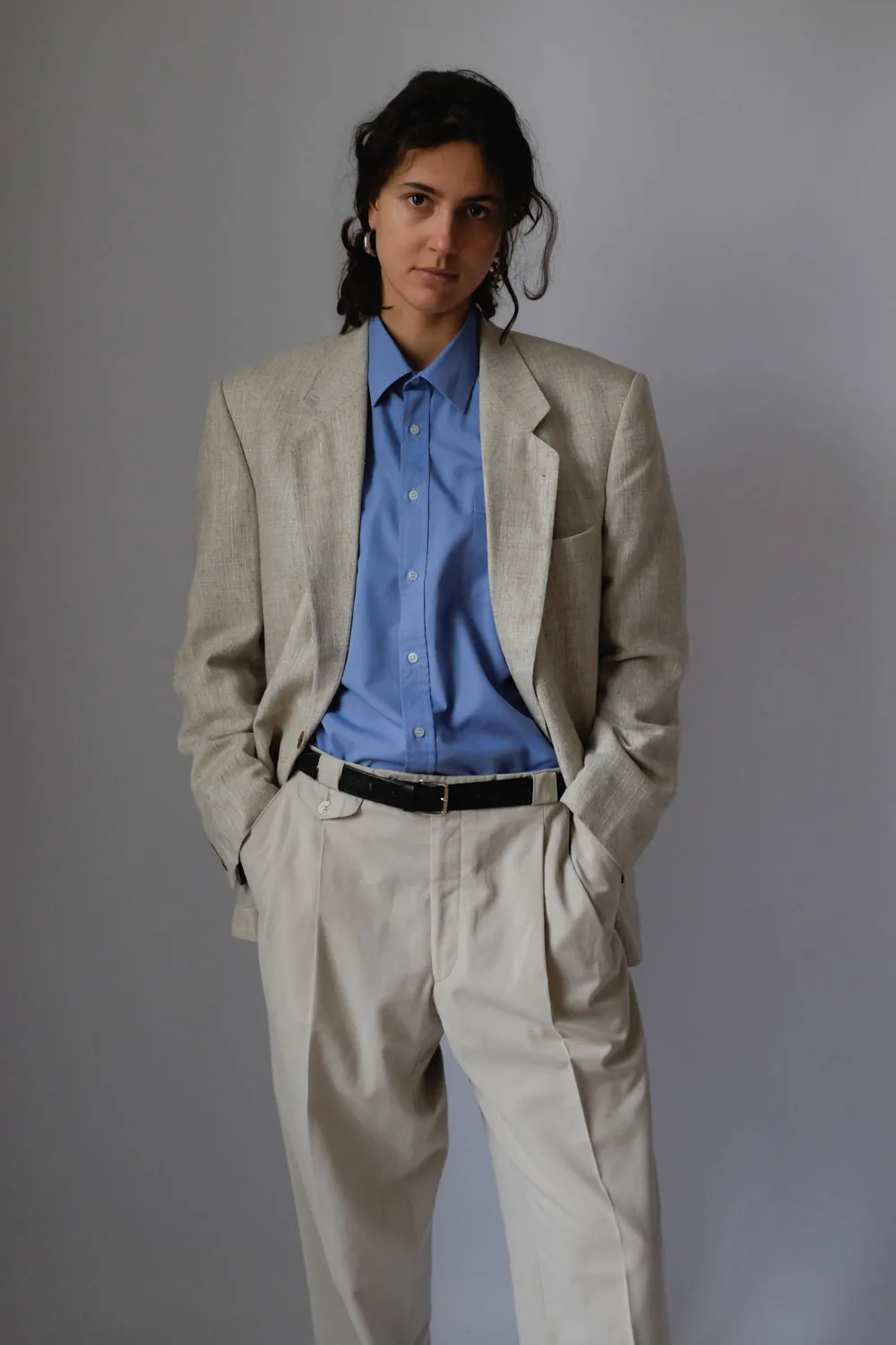 VINTAGE LINEN BLEND BEIGE BOXY BLAZER