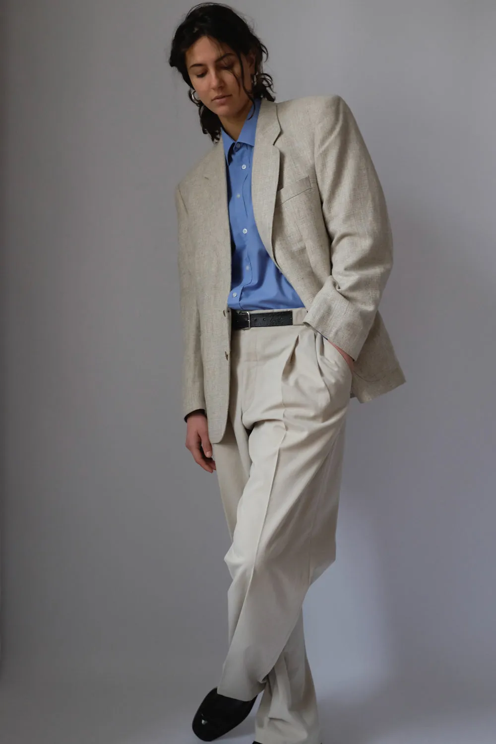 VINTAGE LINEN BLEND BEIGE BOXY BLAZER