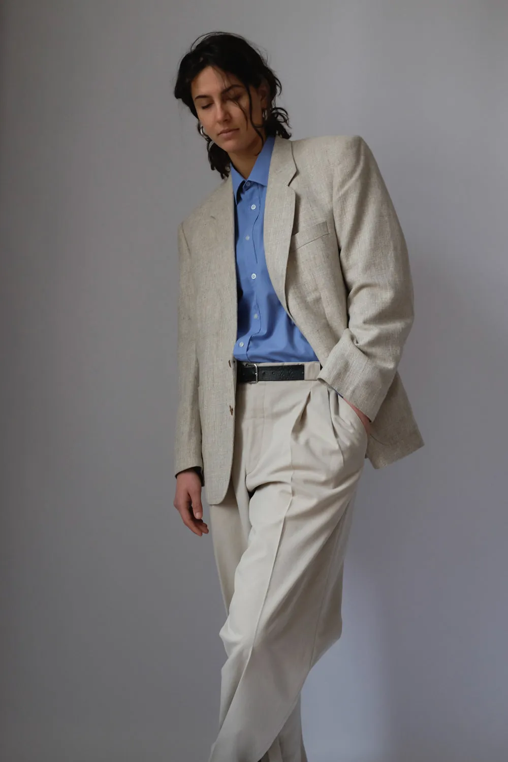 VINTAGE LINEN BLEND BEIGE BOXY BLAZER