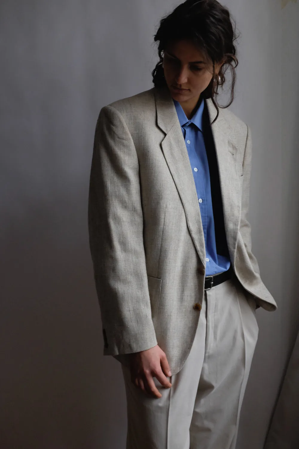 VINTAGE LINEN BLEND BEIGE BOXY BLAZER