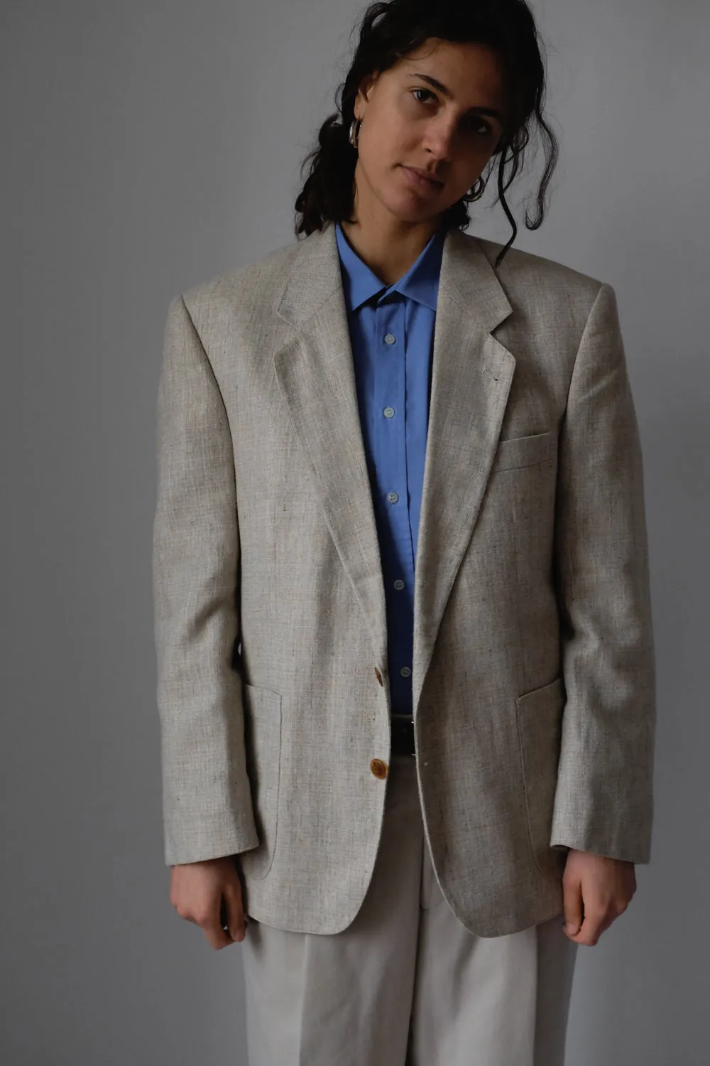 VINTAGE LINEN BLEND BEIGE BOXY BLAZER