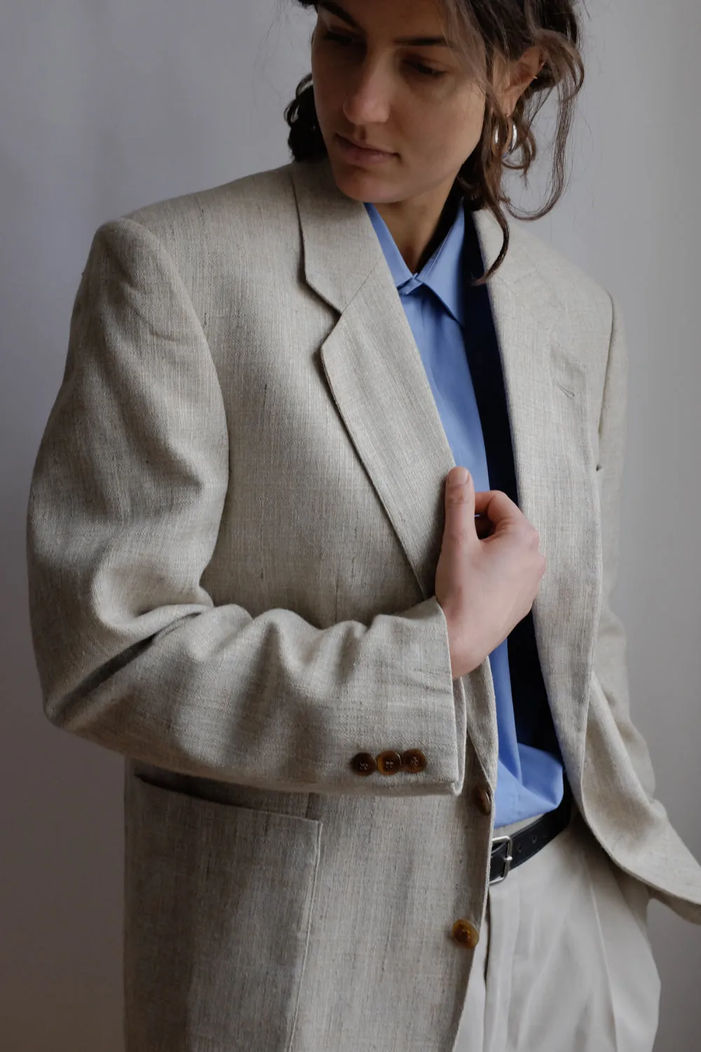 VINTAGE LINEN BLEND BEIGE BOXY BLAZER