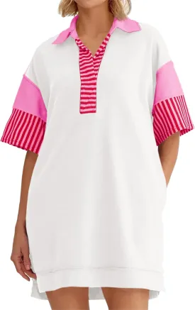 Wenrine Women's Polo V Neck T Shirt Dress Casual Summer Oversized Color Block Short Sleeve Sweatshirt Mini Dresses