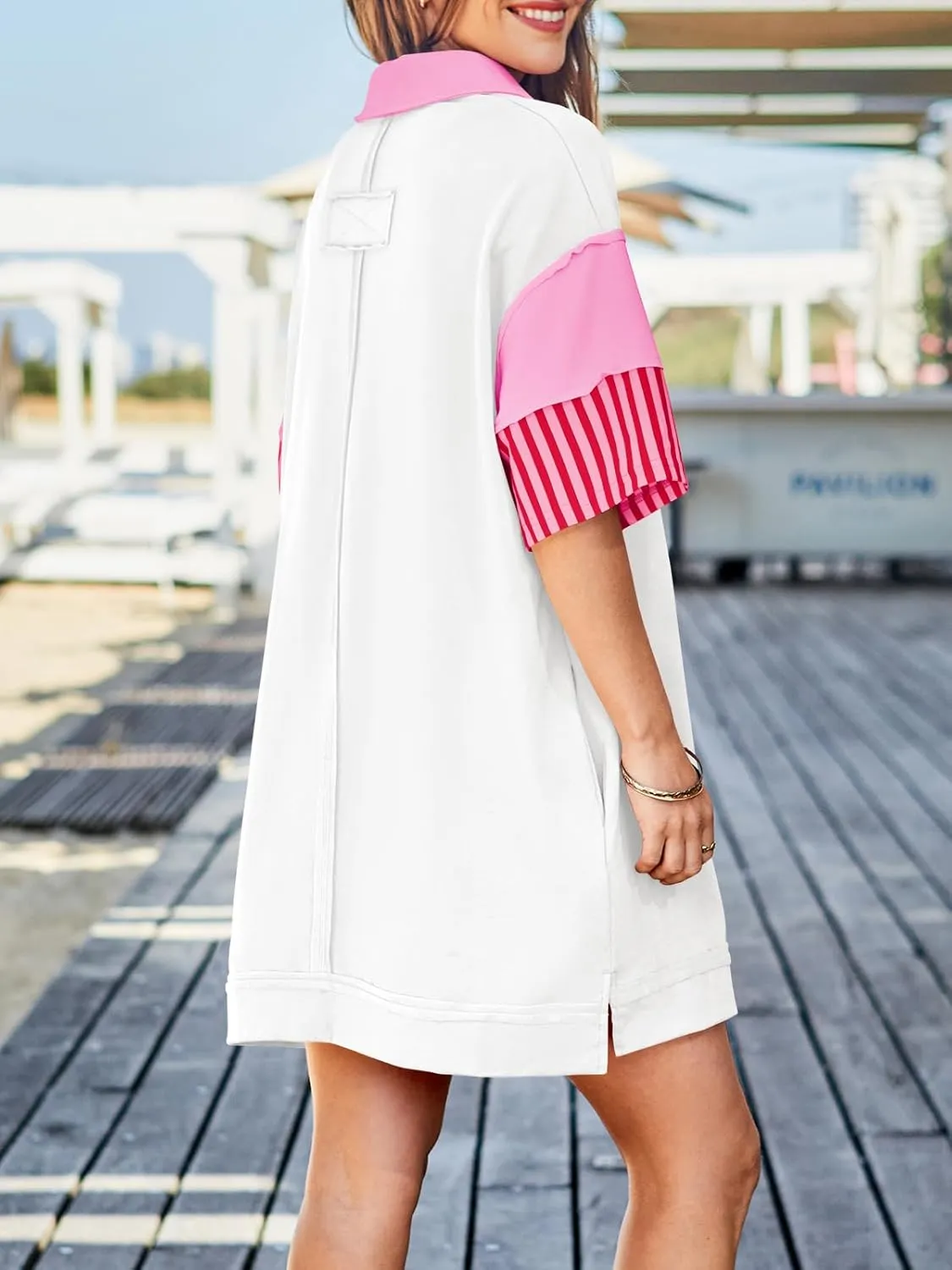 Wenrine Women's Polo V Neck T Shirt Dress Casual Summer Oversized Color Block Short Sleeve Sweatshirt Mini Dresses
