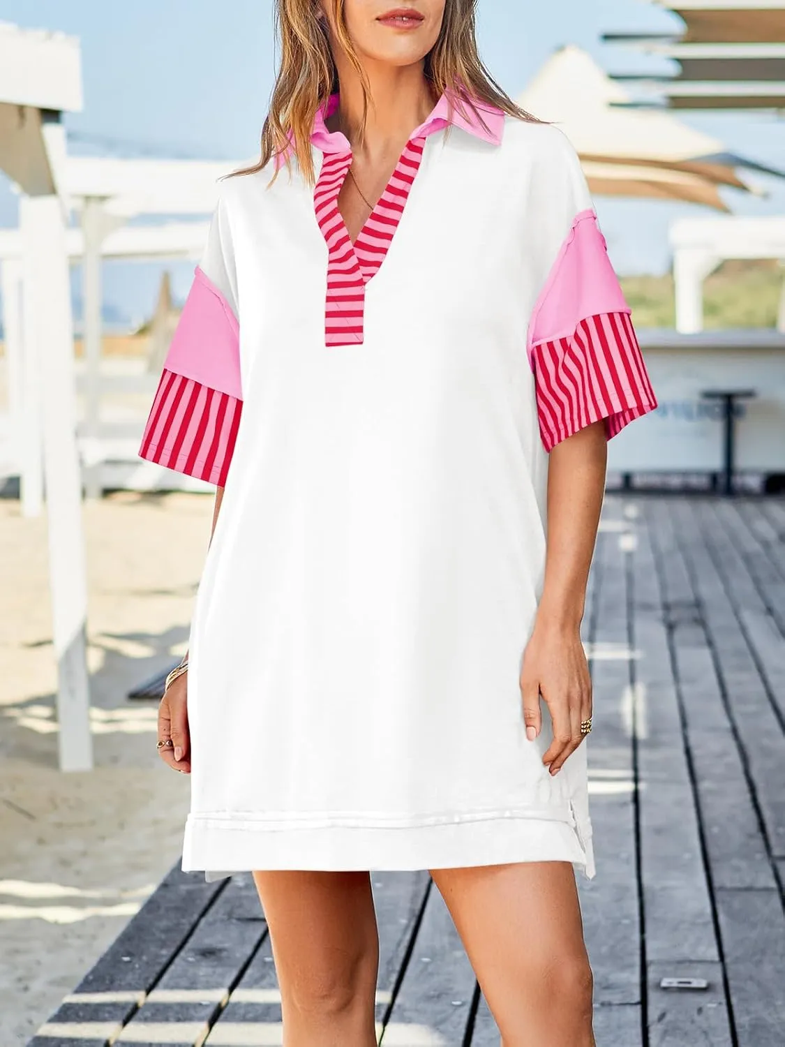 Wenrine Women's Polo V Neck T Shirt Dress Casual Summer Oversized Color Block Short Sleeve Sweatshirt Mini Dresses