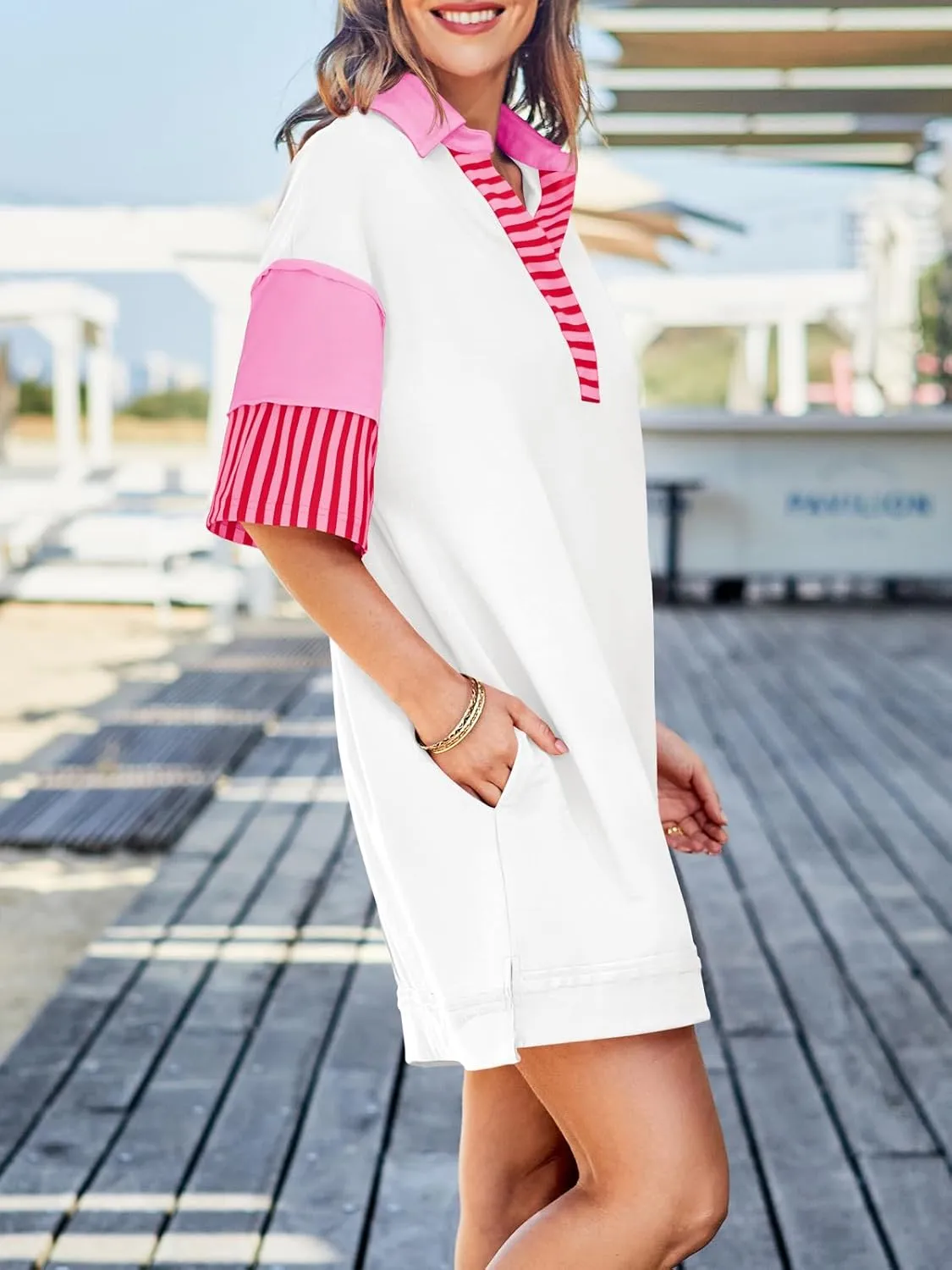 Wenrine Women's Polo V Neck T Shirt Dress Casual Summer Oversized Color Block Short Sleeve Sweatshirt Mini Dresses