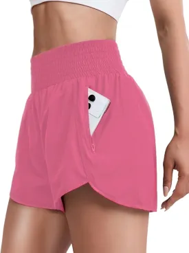 Women Zipper Workout Shorts High Waisted Quick Dry Running Athletic Shorts Liner with Pockets Gym Fitness Side Slit