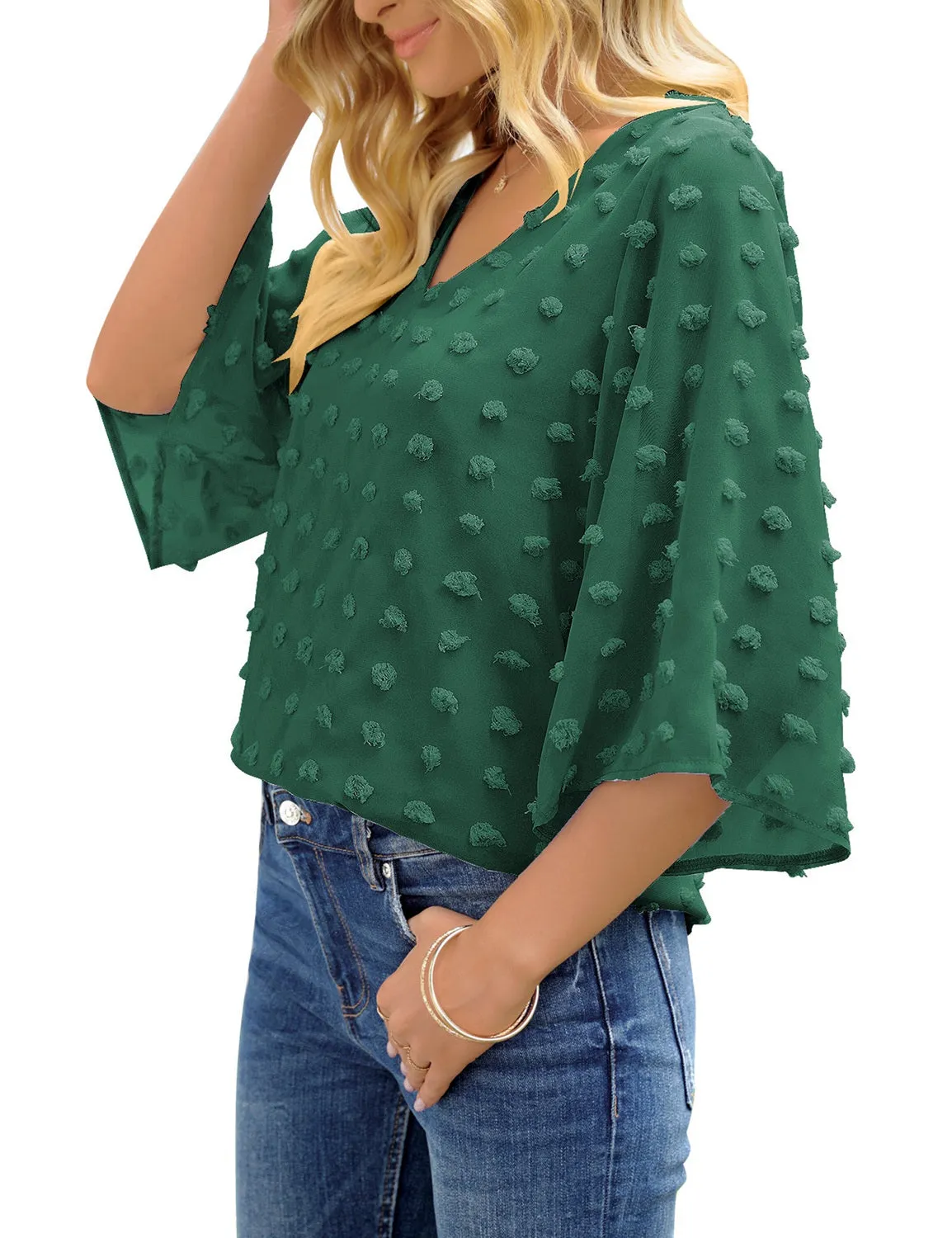 Women's Casual V Neck Bell Sleeve Blouse Pom Pom Loose Shirt Top
