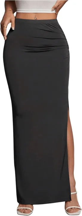Women's High Waist Maxi Skirt Ruched Side Split Thigh Elegant Bodycon Long Skirts
